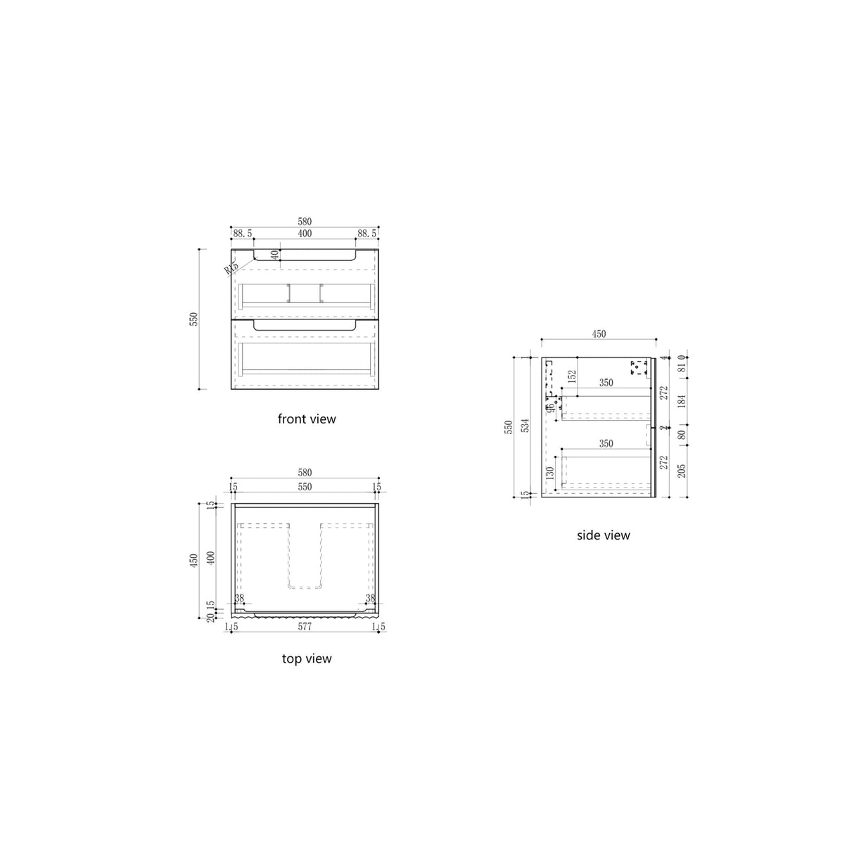 Technical drawings of a rectangular object showing front, side, and top views with dimensions.