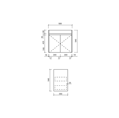 Technical drawing of a maya wall hung vanity with dimensions on a white background
