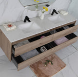 Bathroom vanity with double sink, wooden cabinet, and decorative elements.