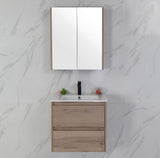 Bathroom vanity with mirror and sink against a marble wall