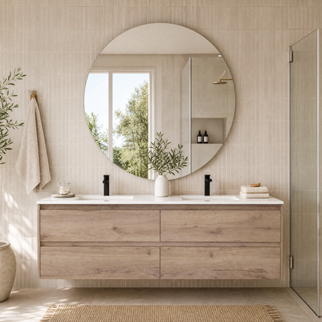 A modern floating double-sink bathroom vanity in light oak wood, paired with a large round wall mirror, black faucets, and a white marble countertop in a bright, tiled bathroom.