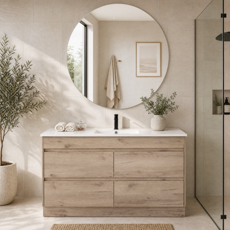 A modern bathroom vanity with a light oak wood cabinet, white countertop, and integrated sink, set beneath a large round wall mirror. The scene is styled with a potted olive branch, a small potted plant, rolled towels, and a vase, in a bright, sunlit bathroom with beige walls and a glass shower screen.