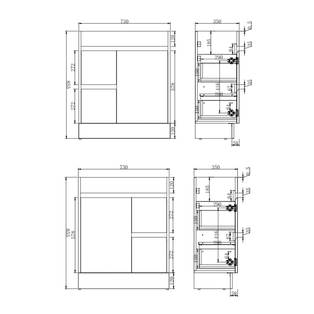 Technical dimension drawing of a cabinet or wall unit, showing front and side elevation views with measurements in millimeters on a white background.