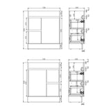Technical dimension drawing of a cabinet or wall unit, showing front and side elevation views with measurements in millimeters on a white background.