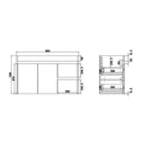 Technical dimension drawing of a cabinet or storage unit, showing front and side cross-section measurements with numeric labels on a white background.