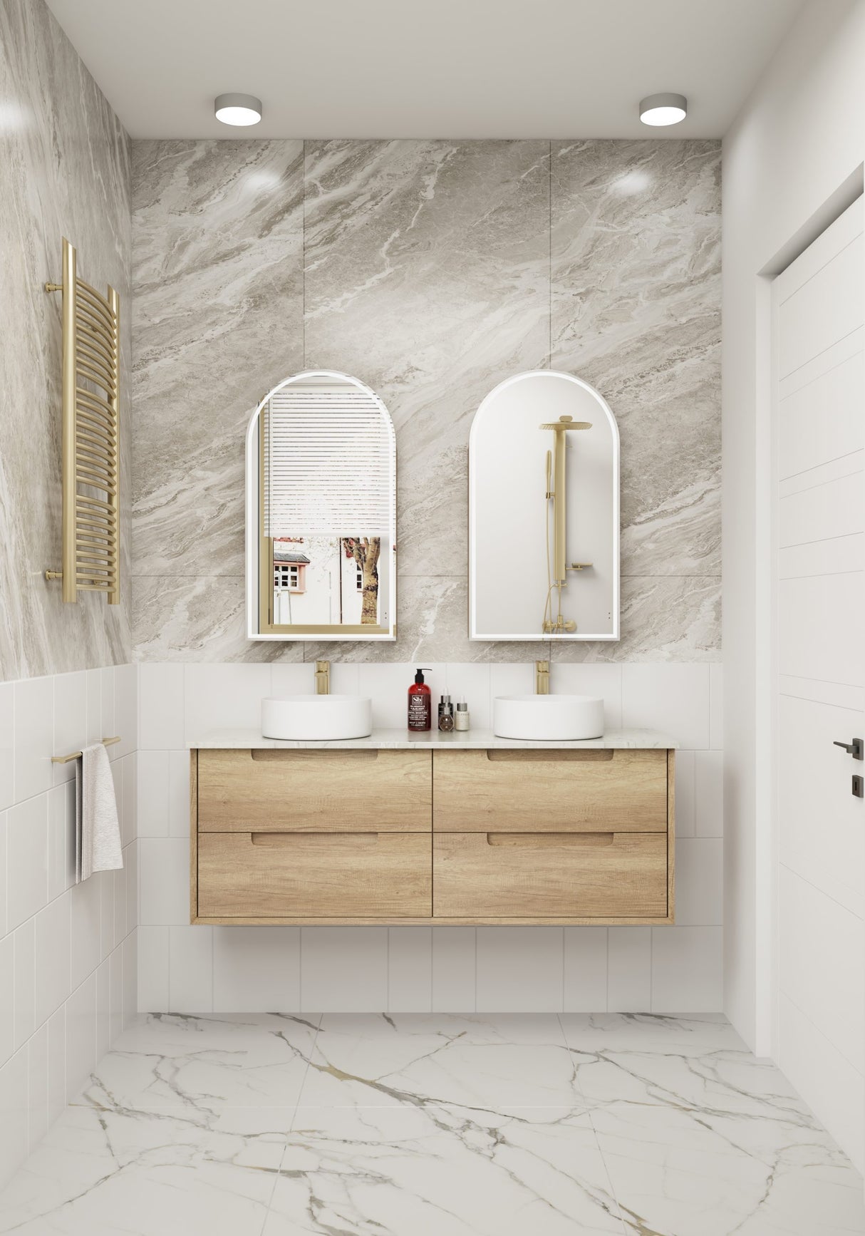 Bathroom with wooden vanity, white sinks, and marble walls.