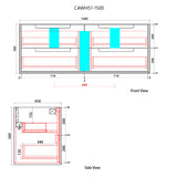 Technical drawing of a kitchen cabinet with dimensions labeled