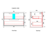 Technical drawing of a product with dimensions labeled, featuring 'CAWH51-900' at the top.