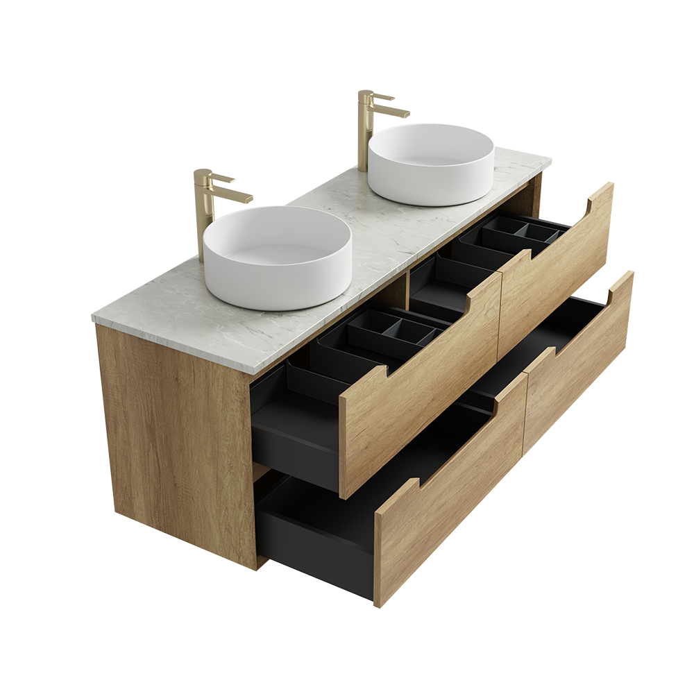 Bathroom vanity with two sinks, wooden cabinets, and open drawers on a white background