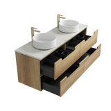Bathroom vanity with two sinks, wooden cabinets, and open drawers on a white background