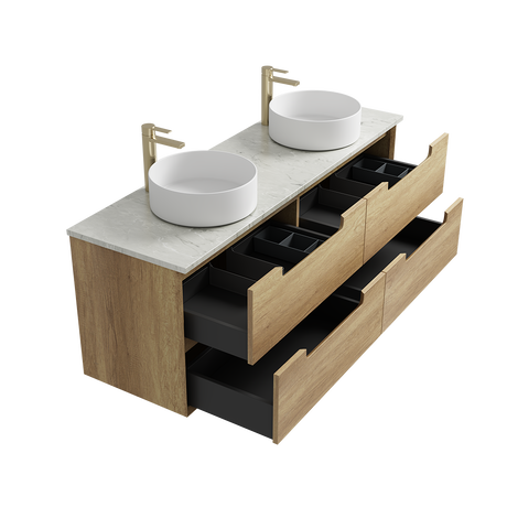 Bathroom vanity with two sinks, wooden cabinets, and open drawers on a white background