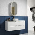Bathroom vanity with sink, mirror, and decorative elements against a blue and gray wall.
