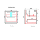 Technical drawing of a product with dimensions labeled on front and side views.