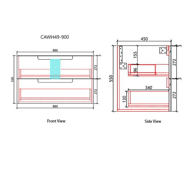 Technical drawing of a product with dimensions labeled