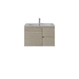 A modern wall-mounted bathroom right hand drawer vanity with a light oak wood-grain cabinet, a white integrated sink, and a tall chrome faucet, shown against a plain white background.