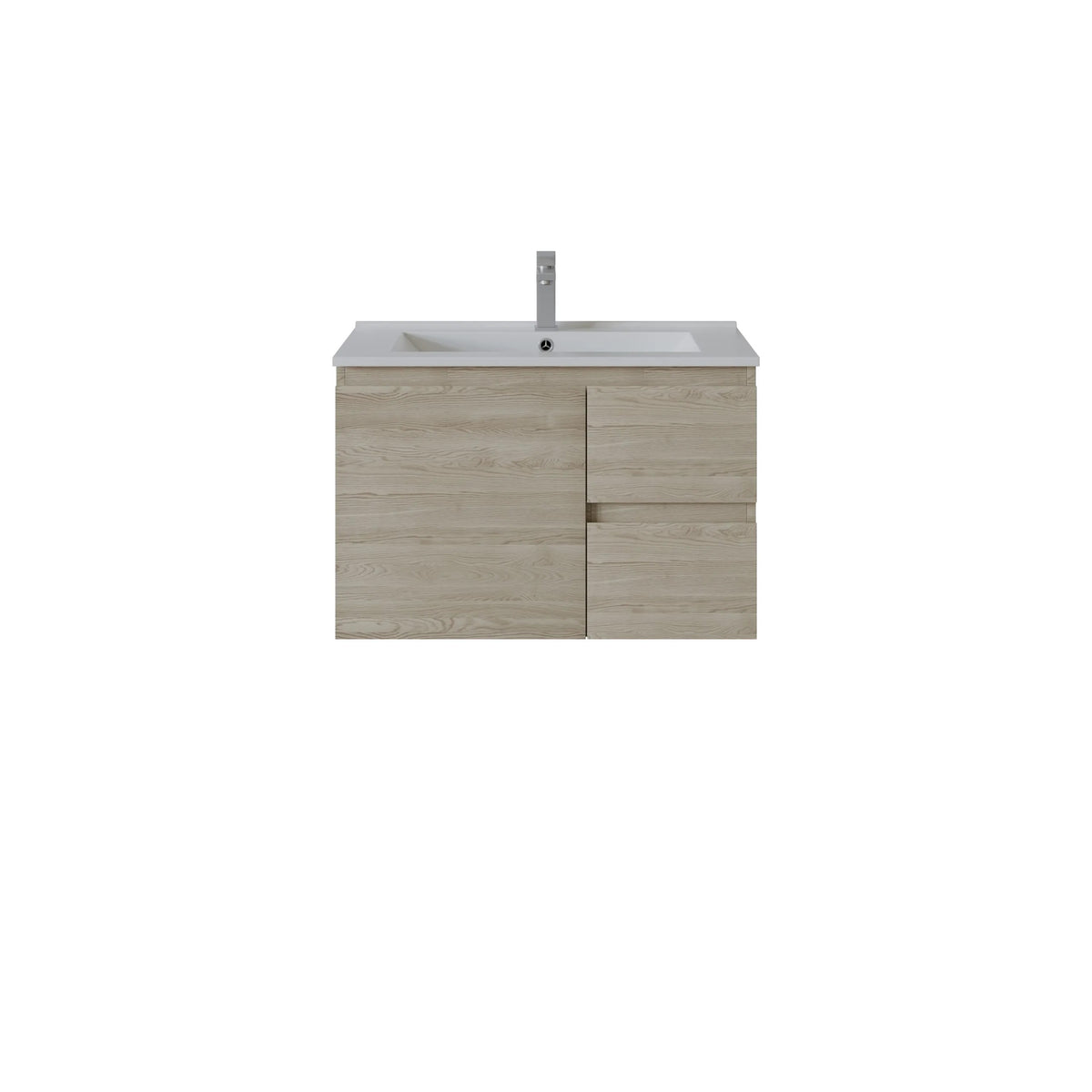 A modern wall-mounted bathroom right hand drawer vanity with a light oak wood-grain cabinet, a white integrated sink, and a tall chrome faucet, shown against a plain white background.