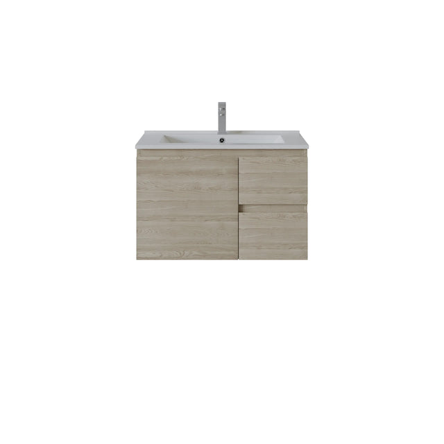 A modern wall-mounted bathroom right hand drawer vanity with a light oak wood-grain cabinet, a white integrated sink, and a tall chrome faucet, shown against a plain white background.