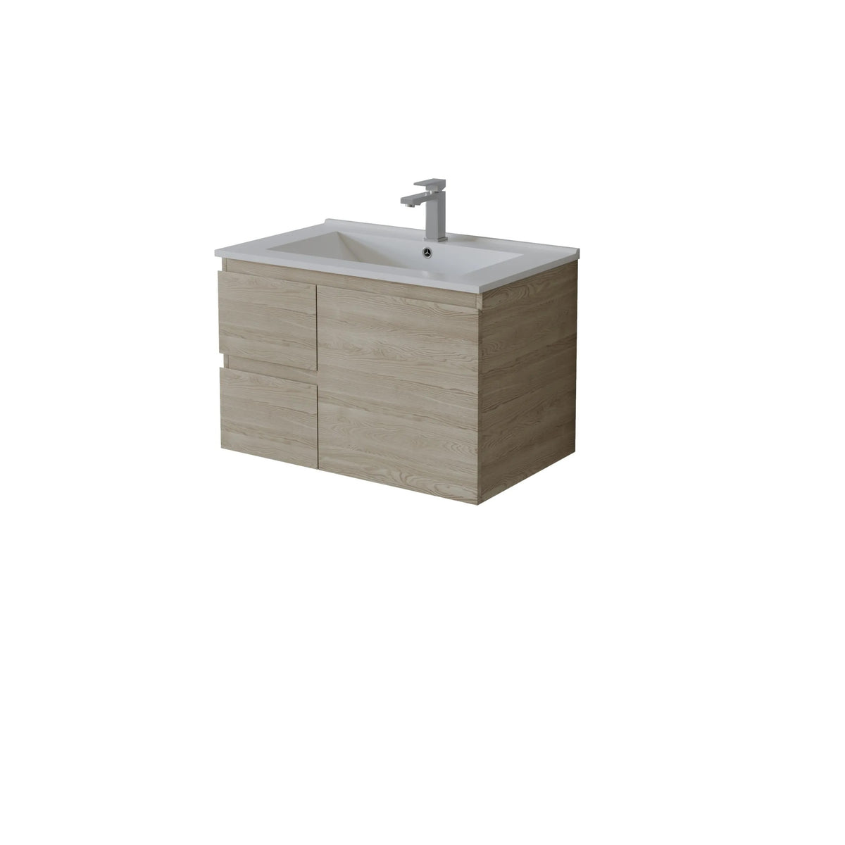 Bathroom vanity left hand drawer with sink and faucet on a white background