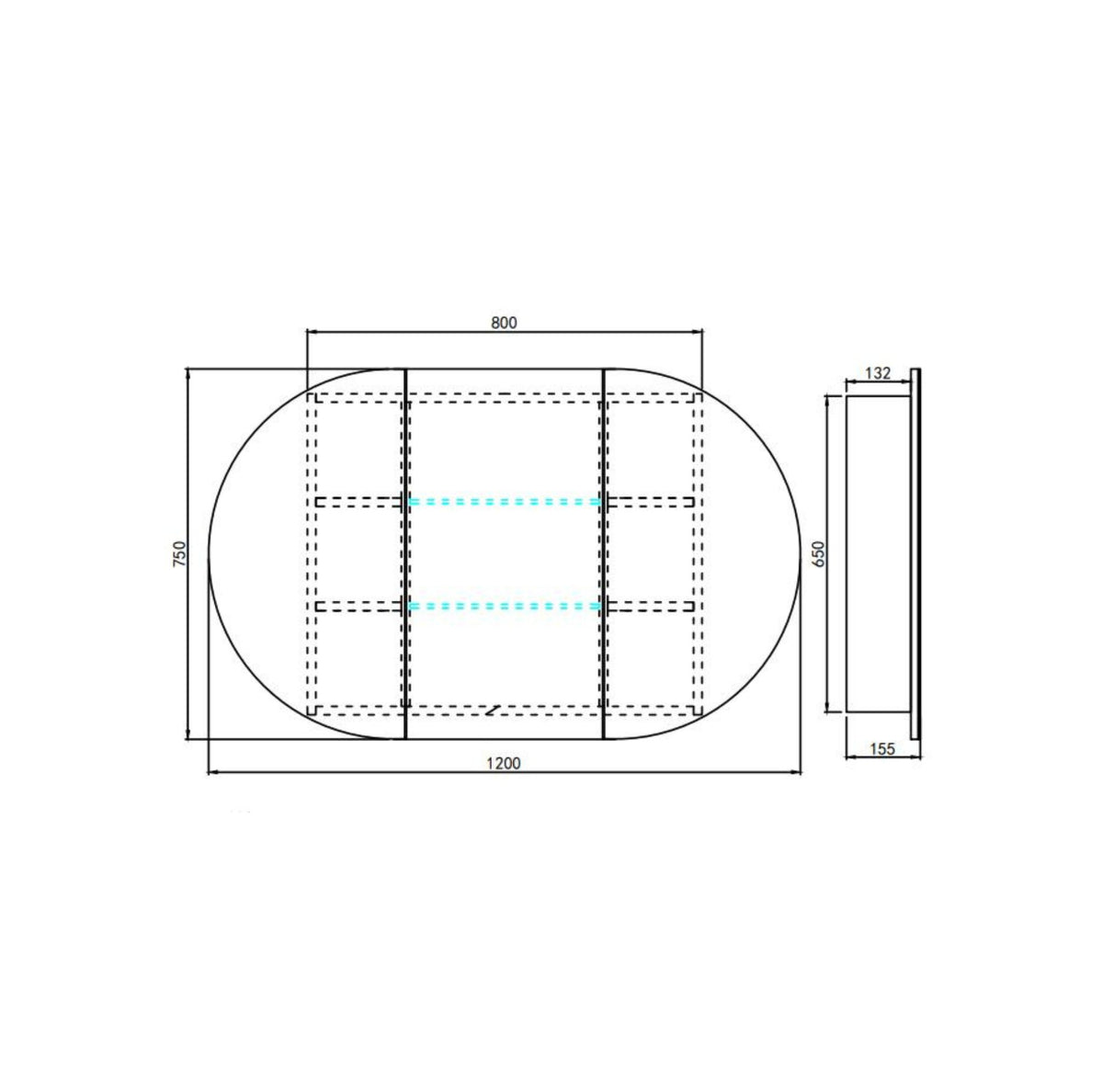 Technical dimension drawing of shaving cabinet with a side profile view, showing measurements in millimeters on a white background.