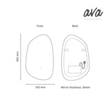 A technical line drawing showing the front and back dimensions of a mirror. The front is labeled 905 mm by 550 mm, and the back shows a mirror thickness of 30 mm.