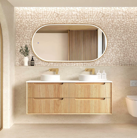 Front view of bathroom with installed Byron 1500mm Woodland Oak Wall Hung Vanity - Fluted and mirror