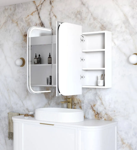Side view of Bathroom with installed LED Newport 1200(W)x750(H) White Shaving Cabinet and vanity