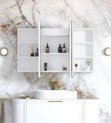 Front view of open installed LED Newport 1200(W)x750(H) White Shaving Cabinet and vanity