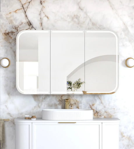 Front view Bathroom with installed LED Newport 1200(W)x750(H) White Shaving Cabinet and vanity
