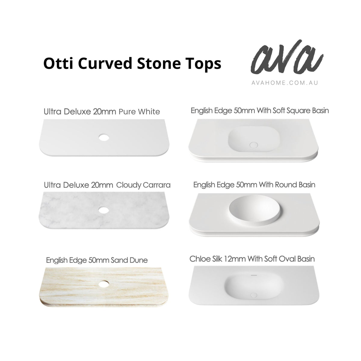 A product catalog graphic showing six Otti curved stone tops in different finishes and colors, arranged in a grid on a white background with descriptive text labels and the Ava Home logo.