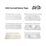 A product catalog graphic showing six Otti curved stone tops in different finishes and colors, arranged in a grid on a white background with descriptive text labels and the Ava Home logo.