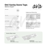 Product information graphic for Otti Vanity Stone Tops by Ava Home, showing matte white, pure white, cloudy Carrara, and natural marble options, plus undermount stone top and ceramic basin insert examples.