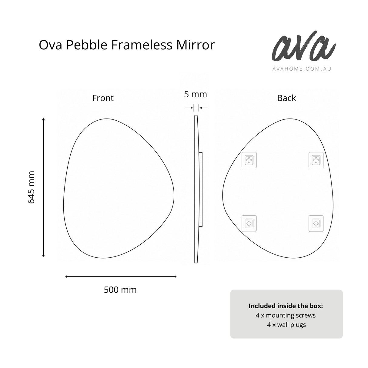Technical dimension diagram of an Ova Pebble frameless mirror, showing front, back, and side views with measurements of 645 mm height, 500 mm width, and 5 mm thickness, on a white background with the AVA logo.