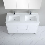 White bathroom vanity with double sink and cabinets on a marble floor.