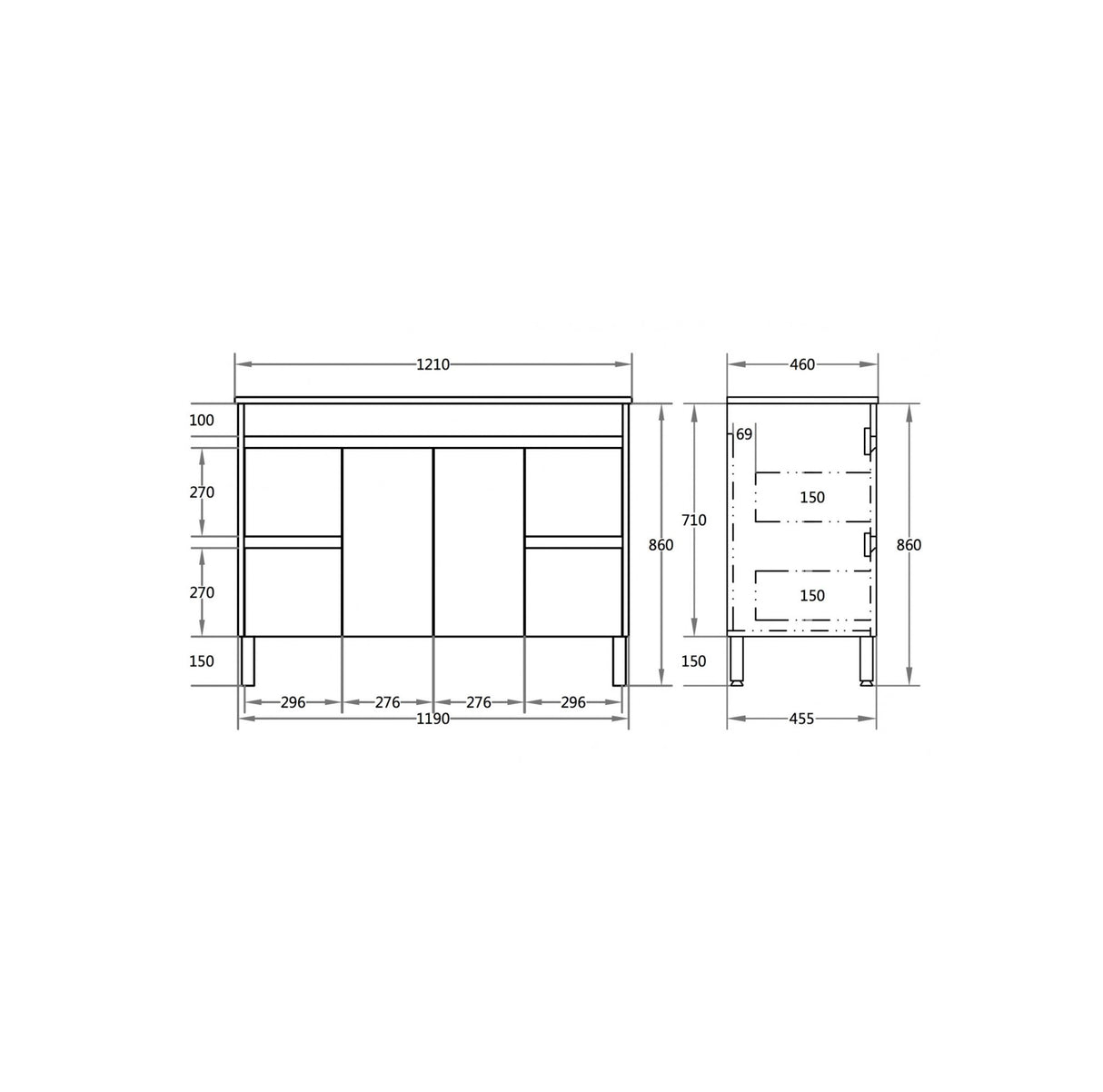 Technical drawing of a piece of furniture with dimensions