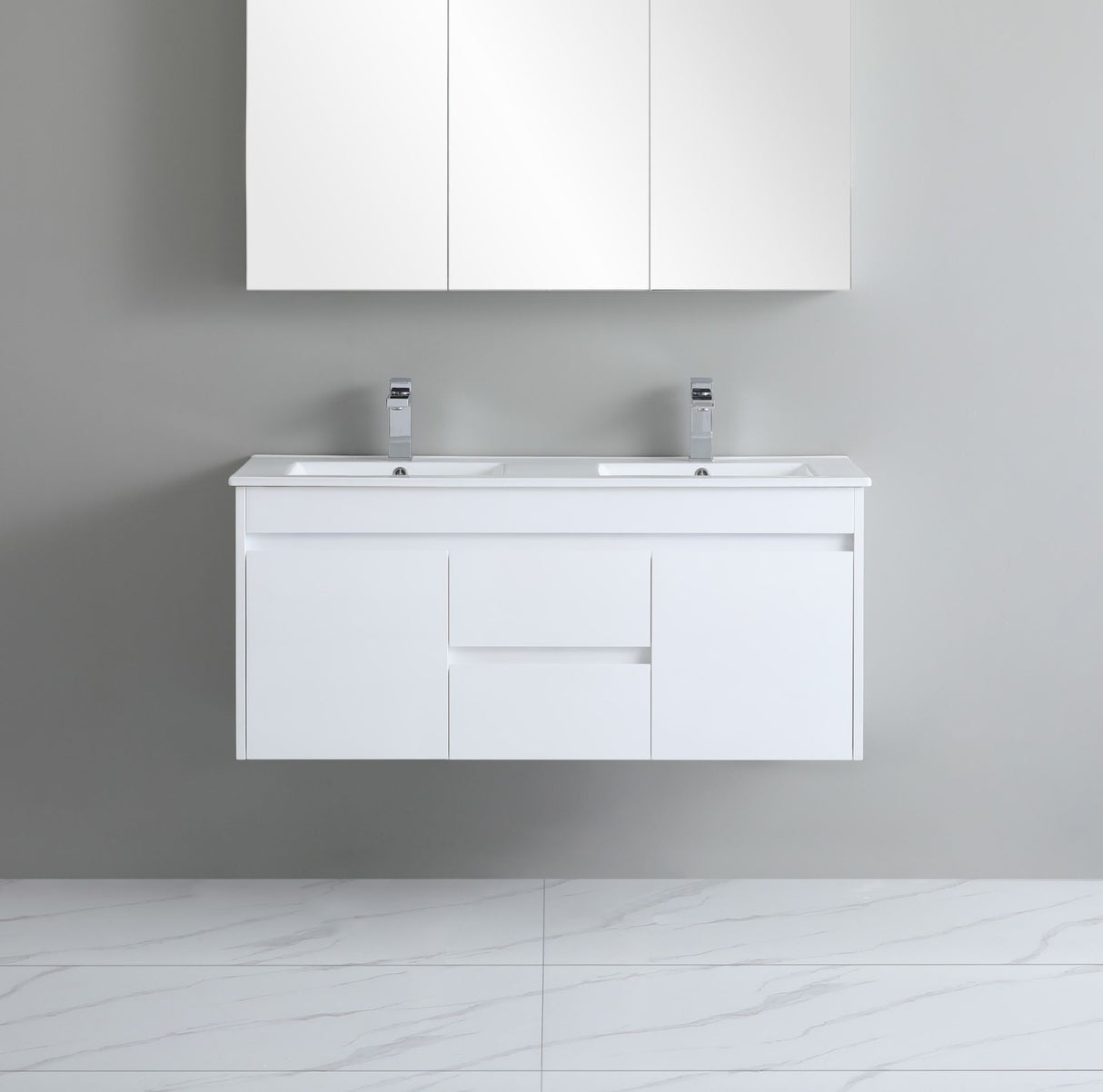 White bathroom vanity with double sink and cabinets on a gray wall.