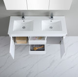 Bathroom vanity with two white sinks and open cabinet showing toiletries.