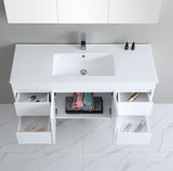 White bathroom vanity with sink and open drawers on a tiled floor.