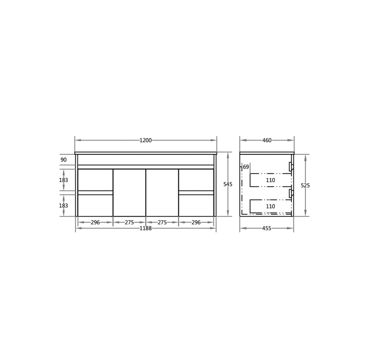 Technical drawing of a kitchen cabinet layout with dimensions