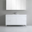 White bathroom vanity with sink against a gray wall