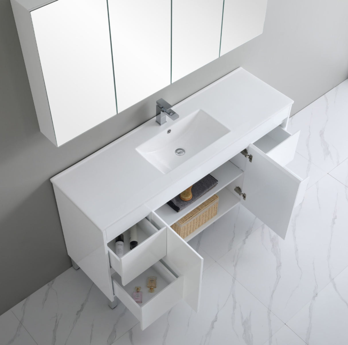 Bathroom vanity with sink and open cabinet doors in a modern bathroom setting.