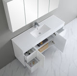 Bathroom vanity with sink and open cabinet doors in a modern bathroom setting.