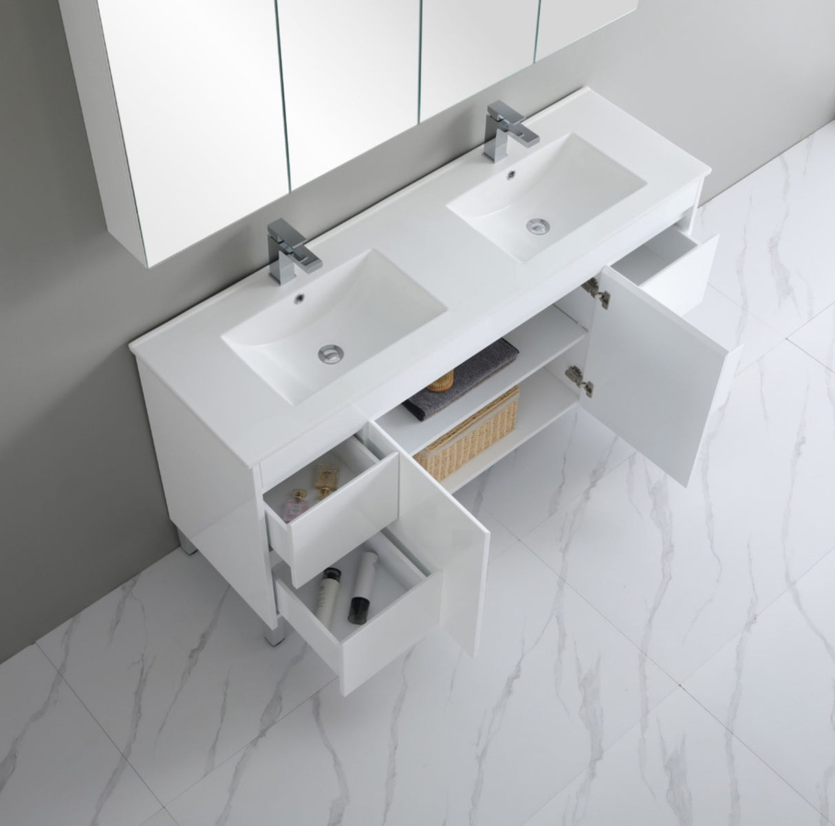 Bathroom vanity with two sinks and open cabinet doors on a marble floor.
