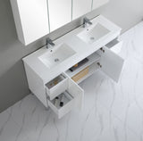 Bathroom vanity with two sinks and open cabinet doors on a marble floor.