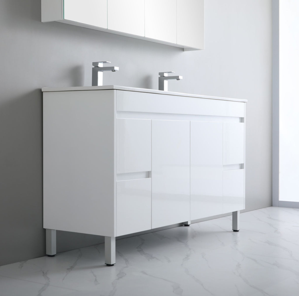 White bathroom vanity with two sinks in a modern setting
