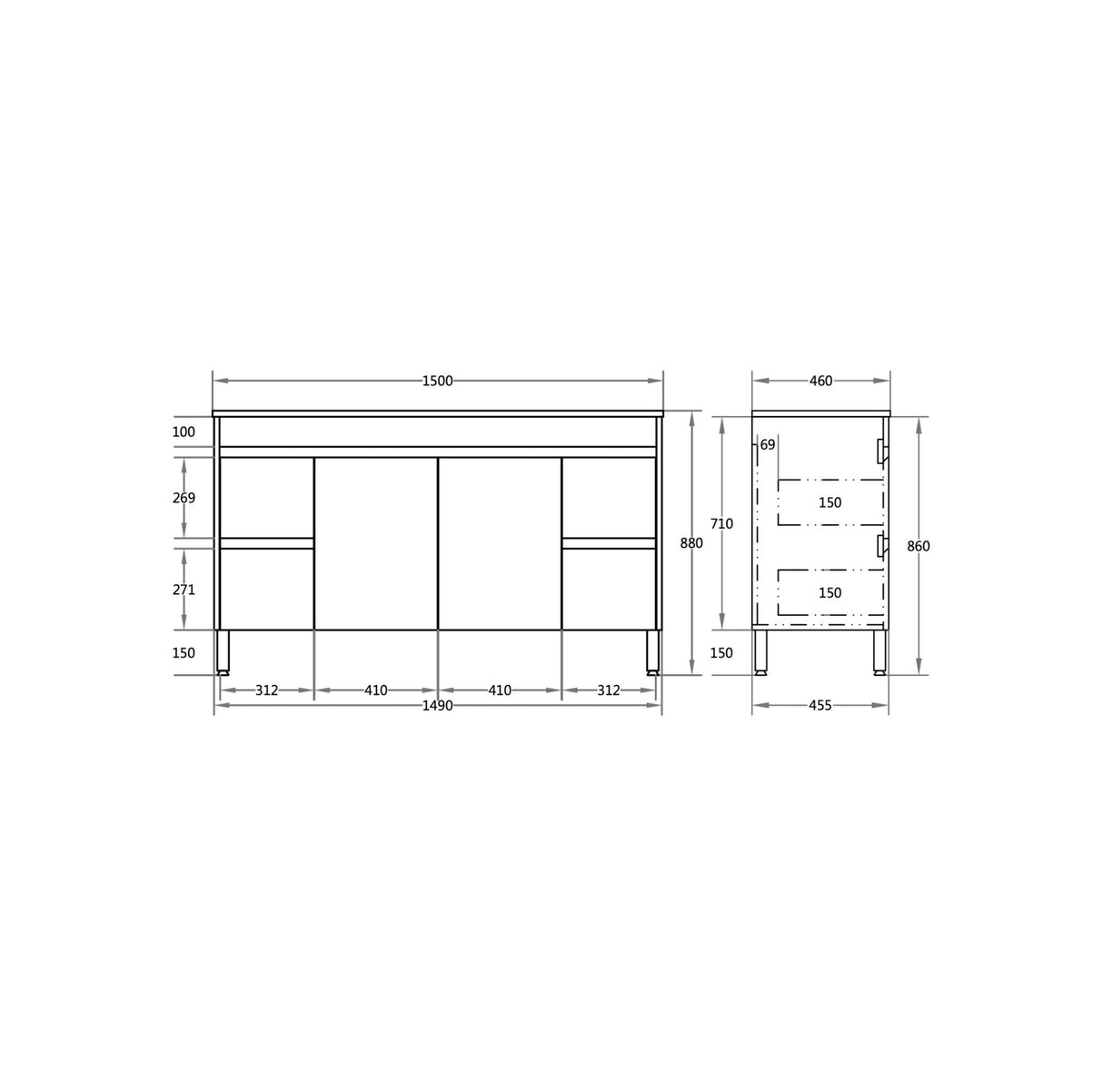 Technical drawing of a piece of furniture with dimensions