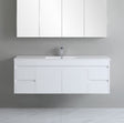 White bathroom vanity with sink and cabinets against a gray wall.