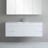 White bathroom vanity with sink and cabinets against a gray wall.