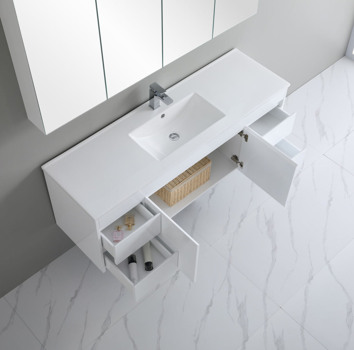 Bathroom vanity with sink and storage compartments on a white tiled floor.