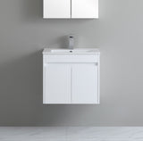 White bathroom vanity with sink against a gray wall