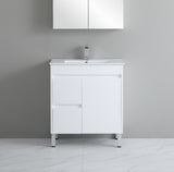 White bathroom vanity with sink against a gray wall